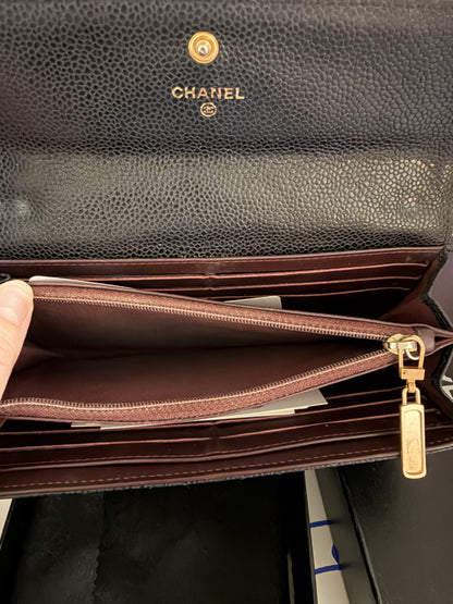 CHANEL Black Caviar Quilted Leather Classic Flap Long Wallet with Chain - Preloved