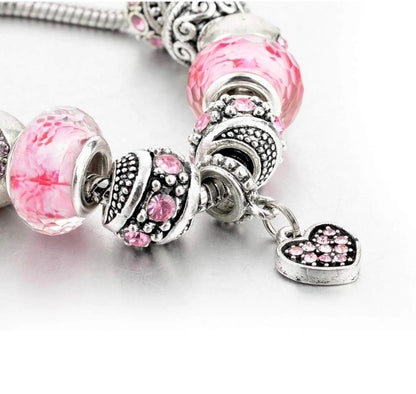 Pink Hearts Silver Plated Charm Bracelet Set