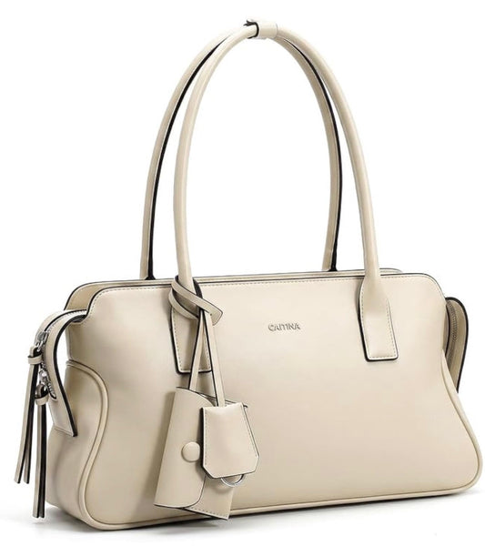 CAITINA Shoulder Bag Satchel Top Handle Hand Bag w/ Shoulder Strap – PU Vegan Leather – Ivory Cream - Brand New