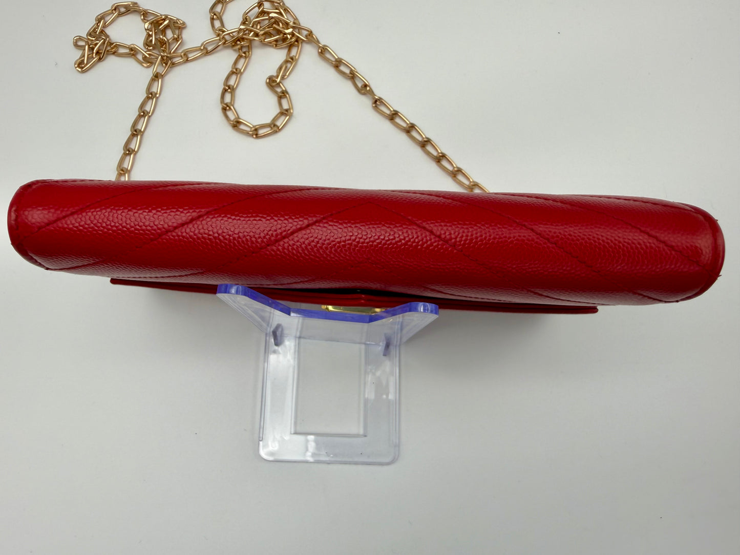 Yves Saint Laurent (YSL) Red Chevron Quilted Leather Envelope Chain Wallet (WOC) - Authentic, Pre Loved