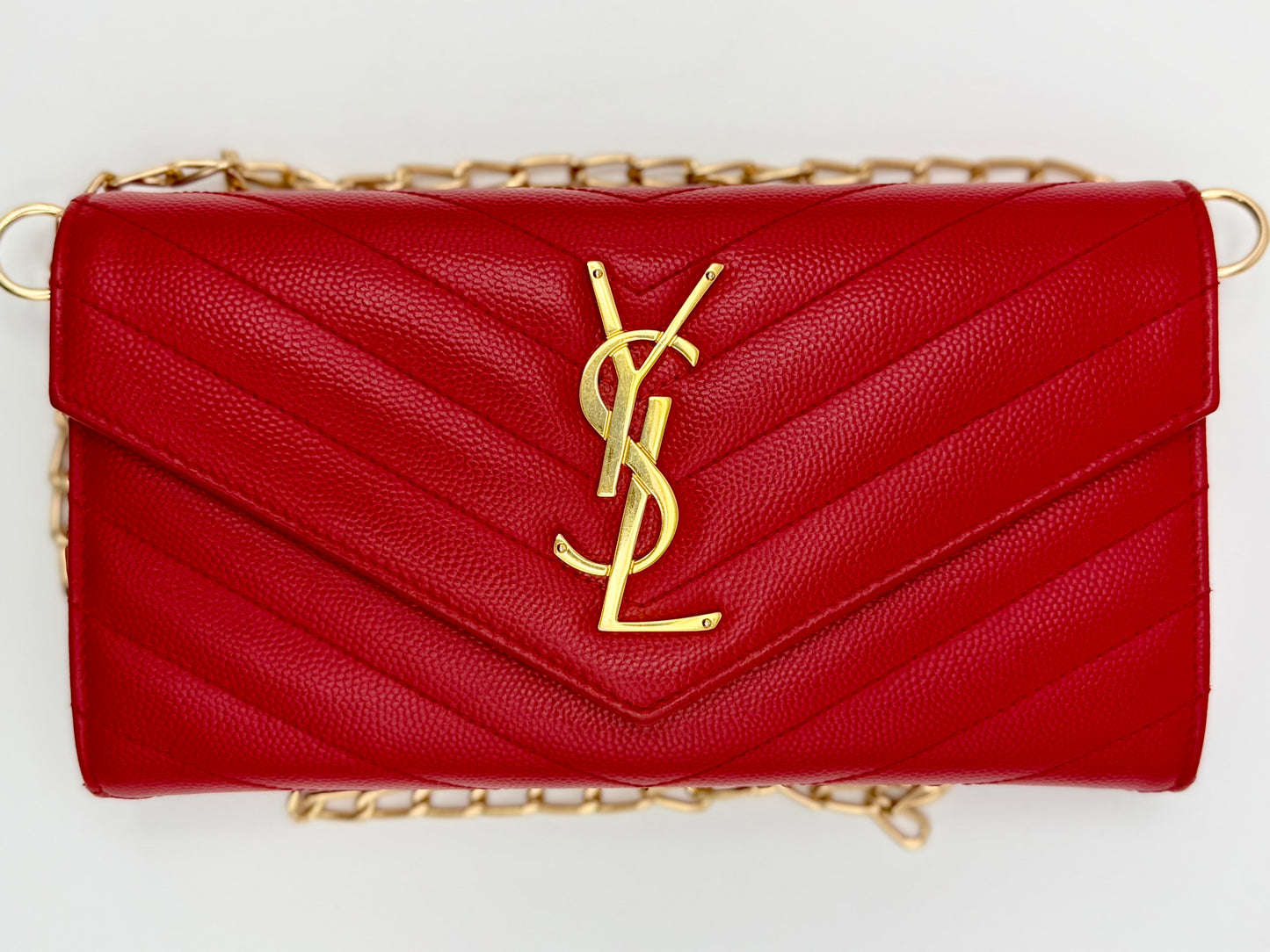 Yves Saint Laurent (YSL) Red Chevron Quilted Leather Envelope Chain Wallet (WOC) - Authentic, Pre Loved