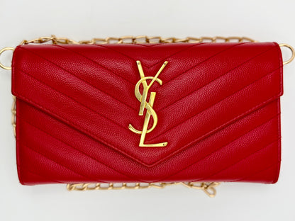 Yves Saint Laurent (YSL) Red Chevron Quilted Leather Envelope Chain Wallet (WOC) - Authentic, Pre Loved