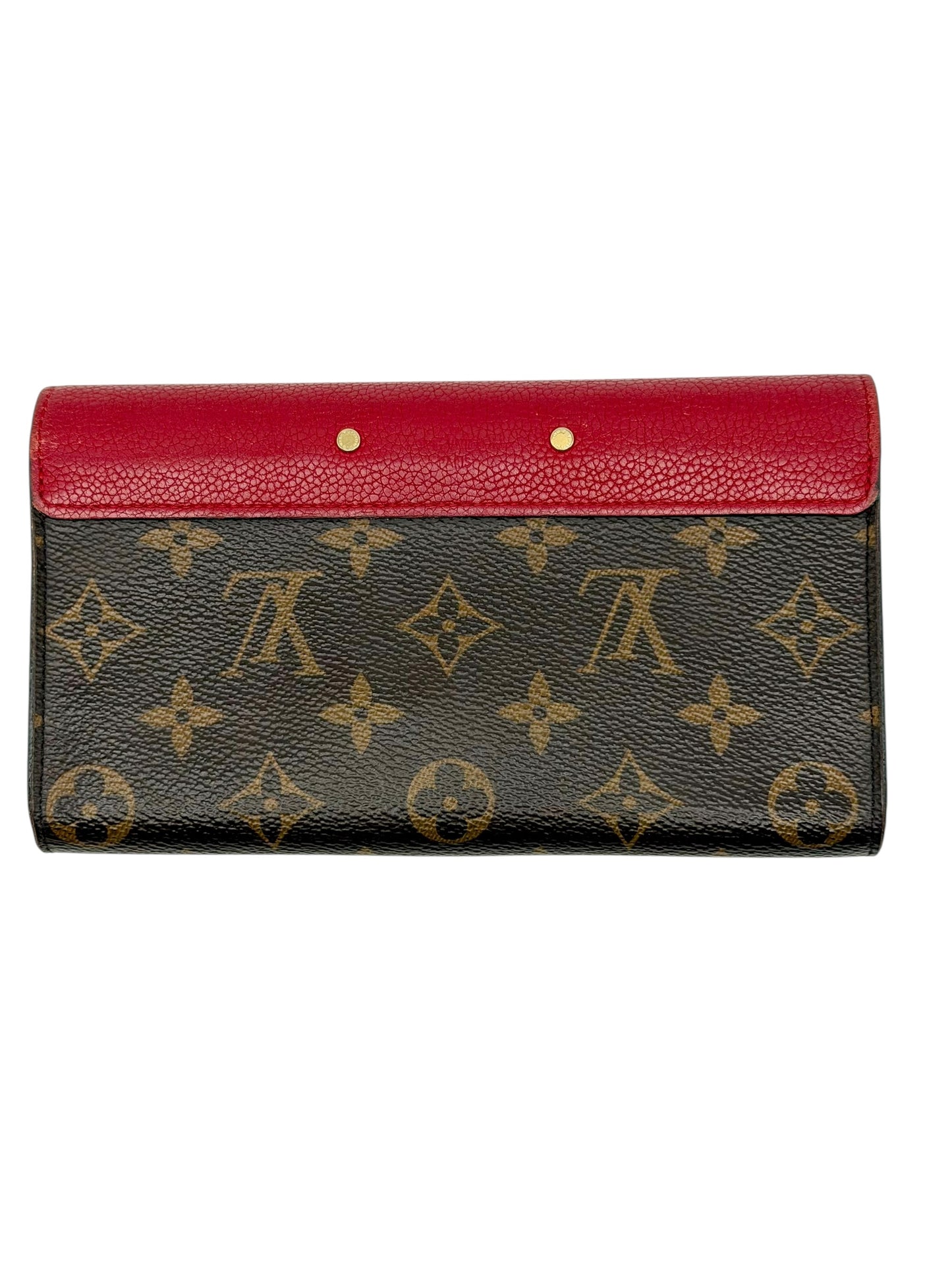 Louis Vuitton Pallas Wallet with Chain - Monogram Canvas & Scarlet Red Calfskin Leather - Excellent Preloved Condition