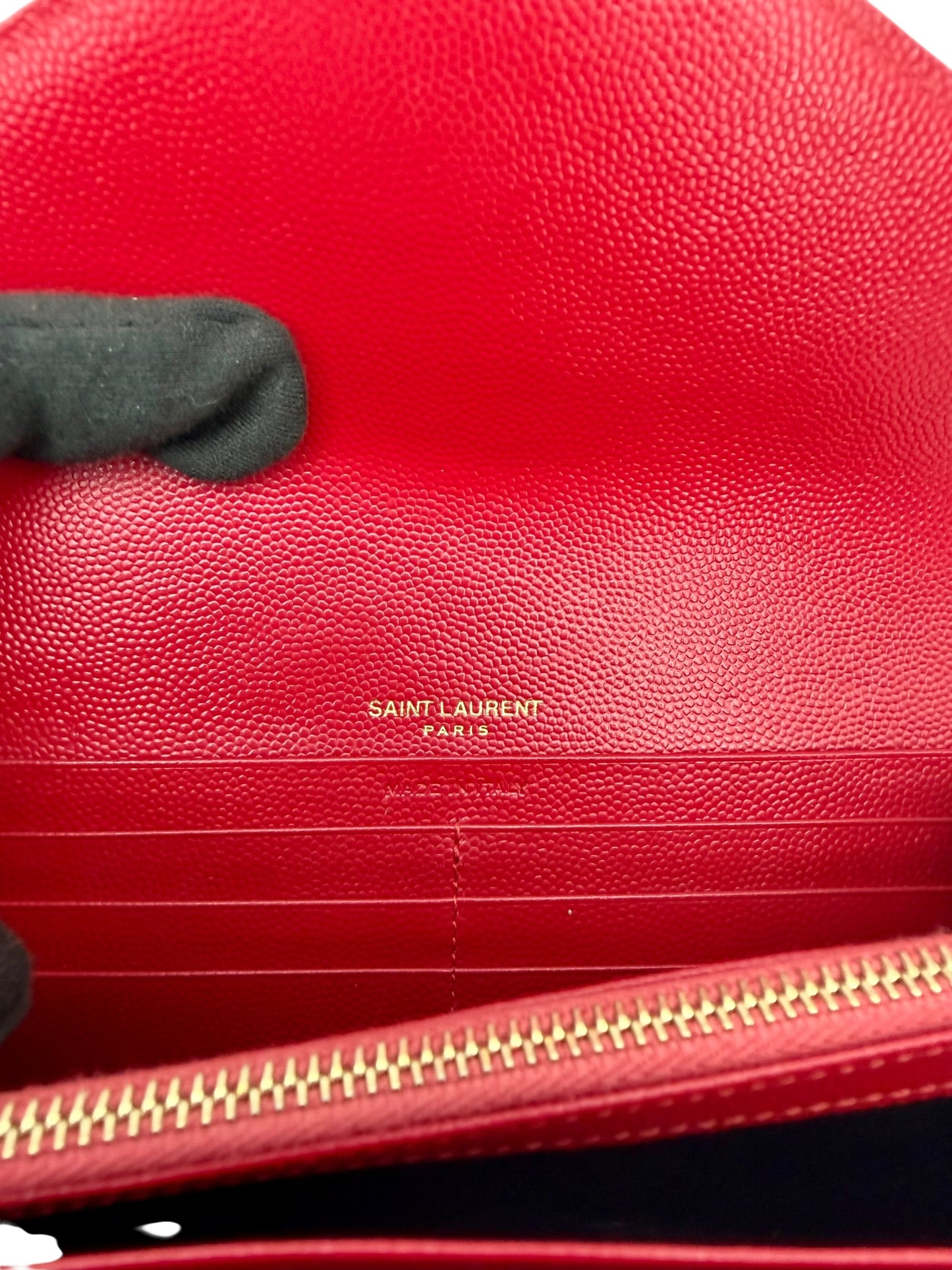 Yves Saint Laurent Monogram Envelope Chain Wallet Crossbody in Red Grain de Poudre Leather with Gold Hardware