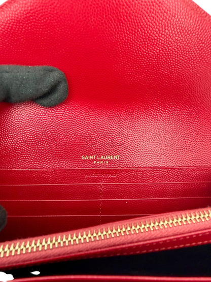 Yves Saint Laurent Monogram Envelope Chain Wallet Crossbody in Red Grain de Poudre Leather with Gold Hardware