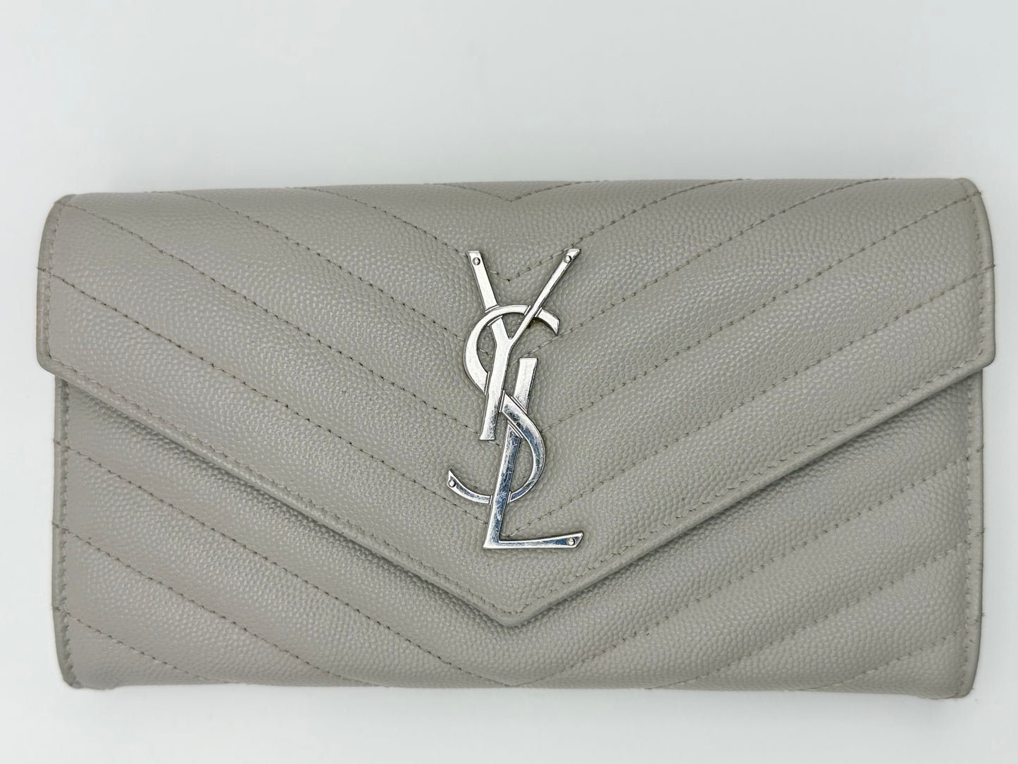 Yves Saint Laurent (YSL) Monogram Large Flap Wallet in Light Grey Quilted Leather - Authentic, Preloved