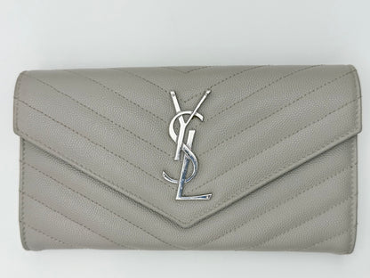 Yves Saint Laurent (YSL) Monogram Large Flap Wallet in Light Grey Quilted Leather - Authentic, Preloved
