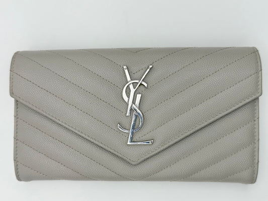 Yves Saint Laurent (YSL) Monogram Large Flap Wallet in Light Grey Quilted Leather - Authentic, Preloved