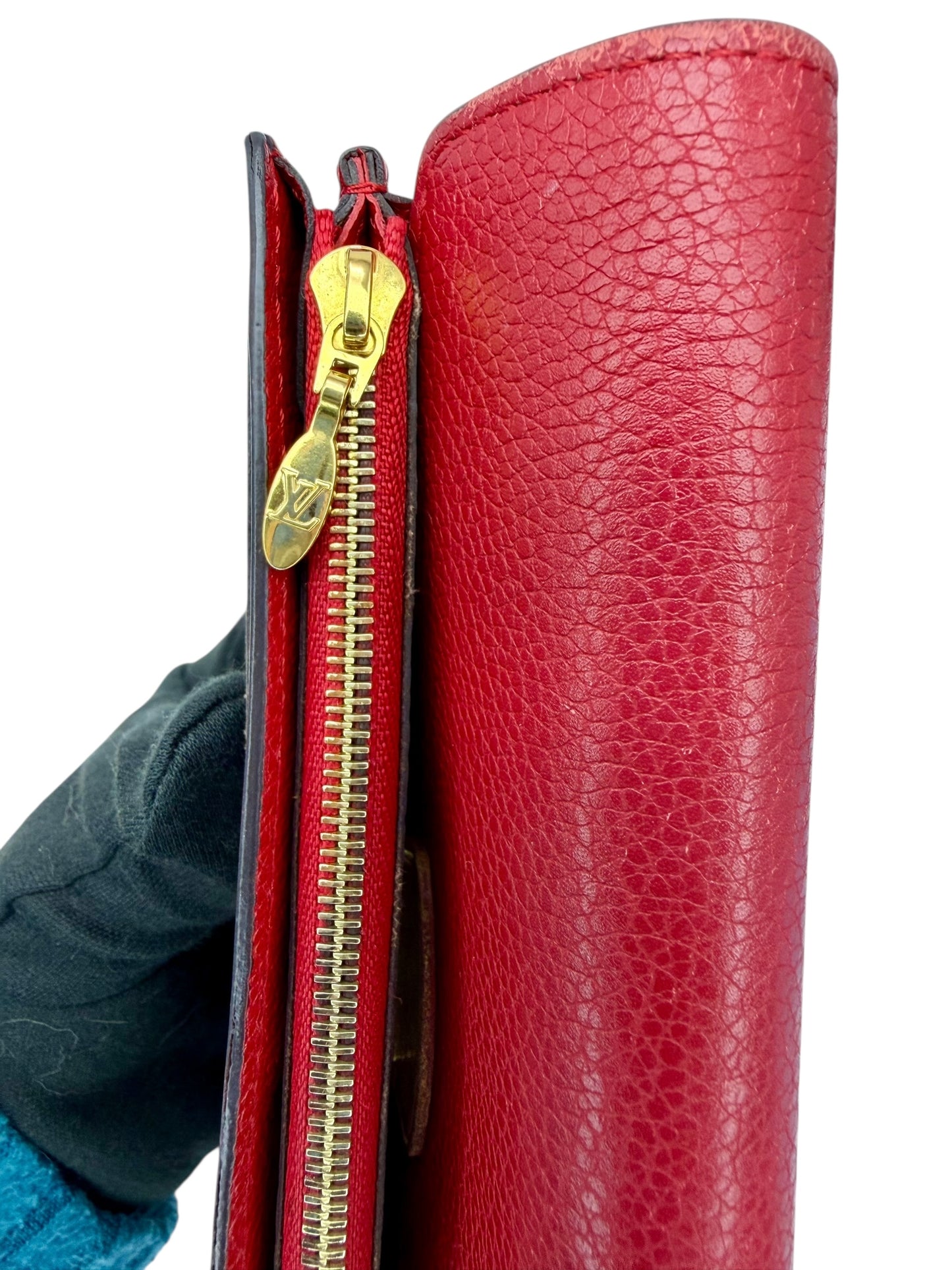 Louis Vuitton Pallas Wallet with Chain - Monogram Canvas & Scarlet Red Calfskin Leather - Excellent Preloved Condition