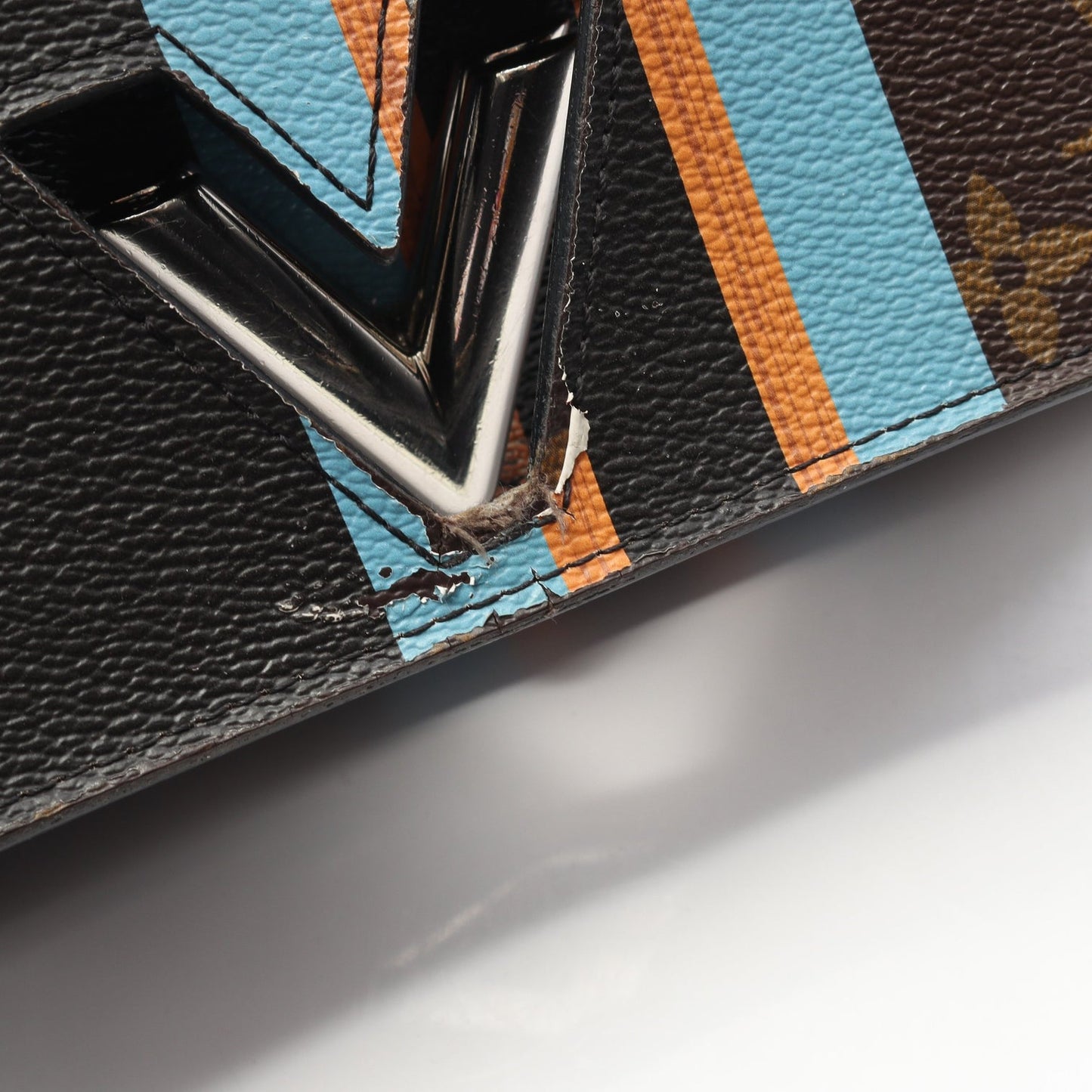 Louis Vuitton Twist Chain Wallet – Monogram & Black Leather with Painted Stripes - Authentic, Pre Loved