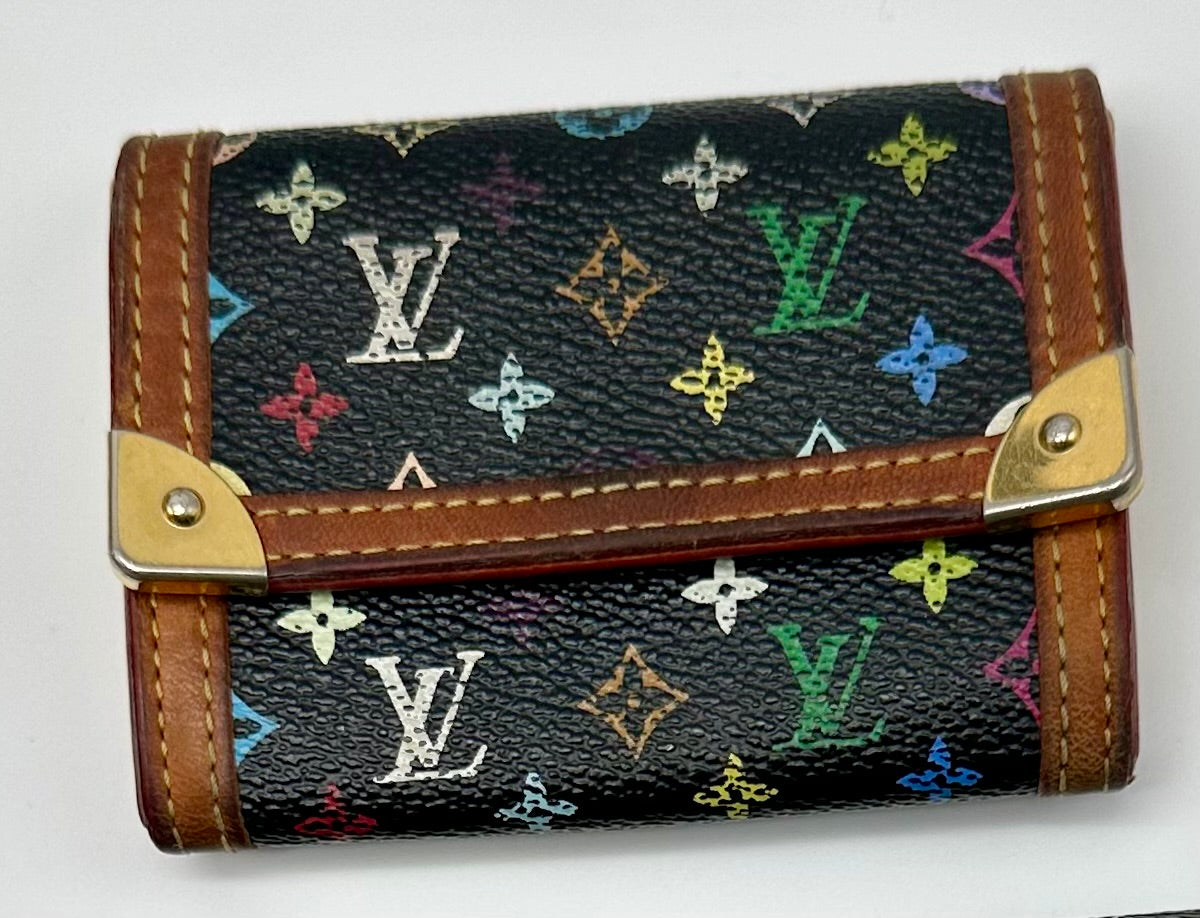 Louis Vuitton Porte-Monnaie Plat Wallet – Black Multicolore Monogram Takashi Murakami RARE
