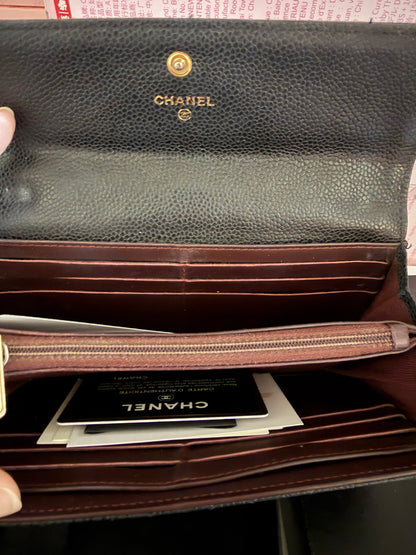 CHANEL Black Caviar Quilted Leather Classic Flap Long Wallet with Chain - Preloved
