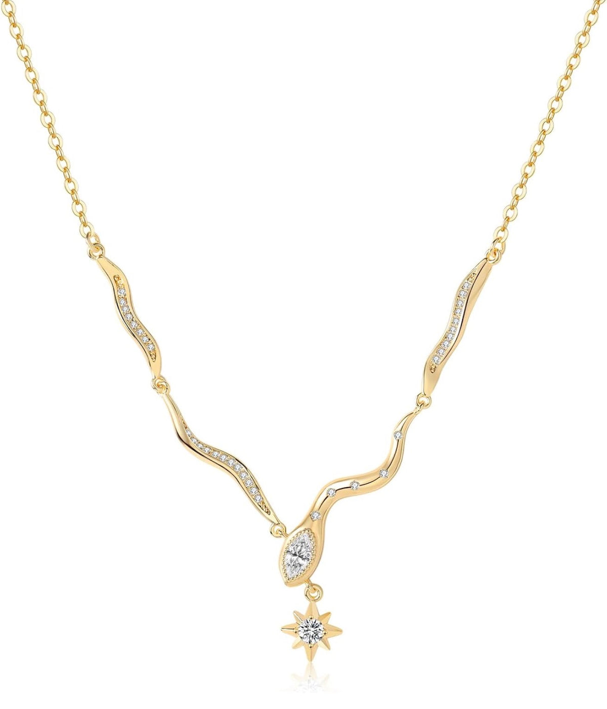 Serpentine Snake Star Pendant Necklace 18K Gold Plated CZ Diamond Accents