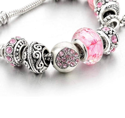 Pink Hearts Silver Plated Charm Bracelet Set