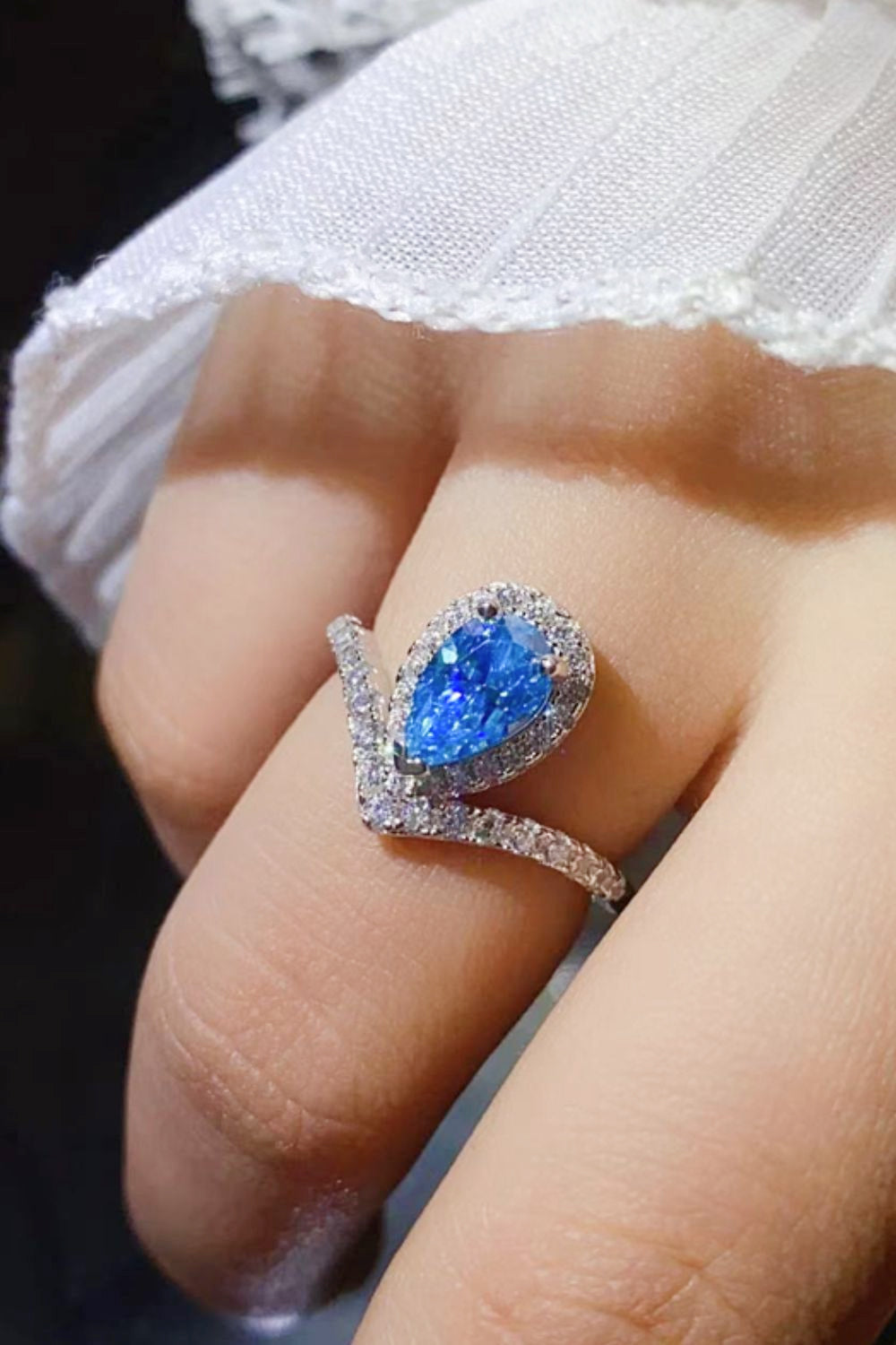 1 Carat Pear Shape Blue Sparkala™ Heart Ring (Platinum Over Pure Sterling Silver)