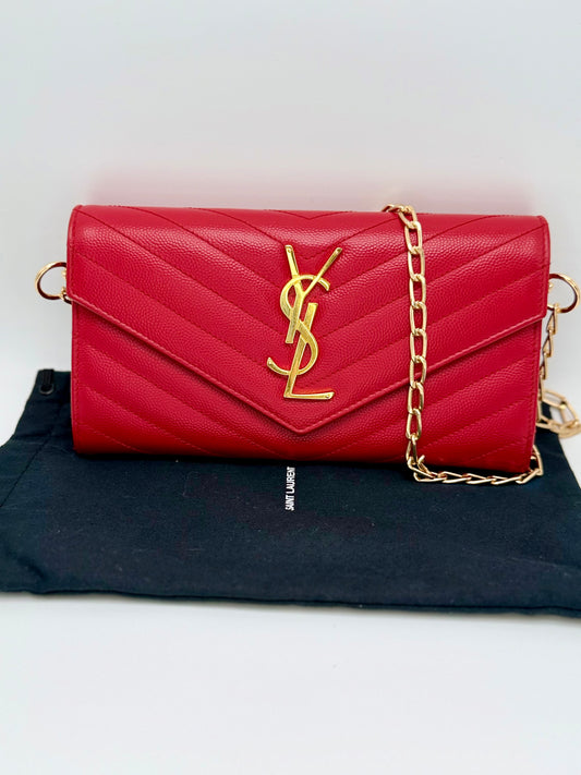 Yves Saint Laurent (YSL) Red Chevron Quilted Leather Envelope Chain Wallet (WOC) - Authentic, Pre Loved