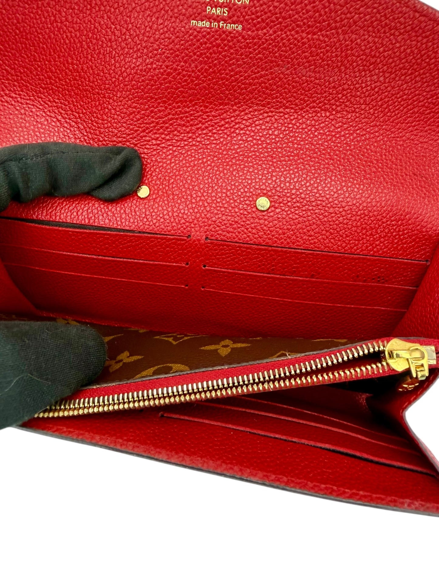 Louis Vuitton Pallas Wallet with Chain - Monogram Canvas & Scarlet Red Calfskin Leather - Excellent Preloved Condition