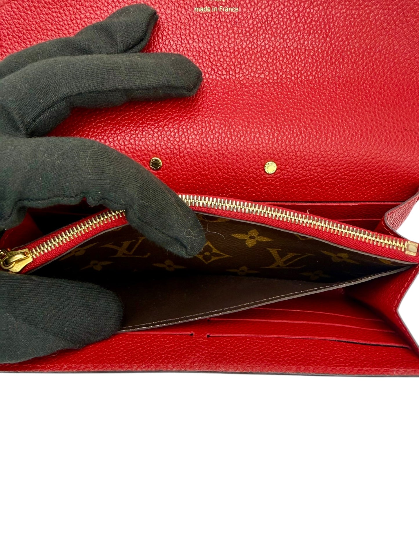 Louis Vuitton Pallas Wallet with Chain - Monogram Canvas & Scarlet Red Calfskin Leather - Excellent Preloved Condition