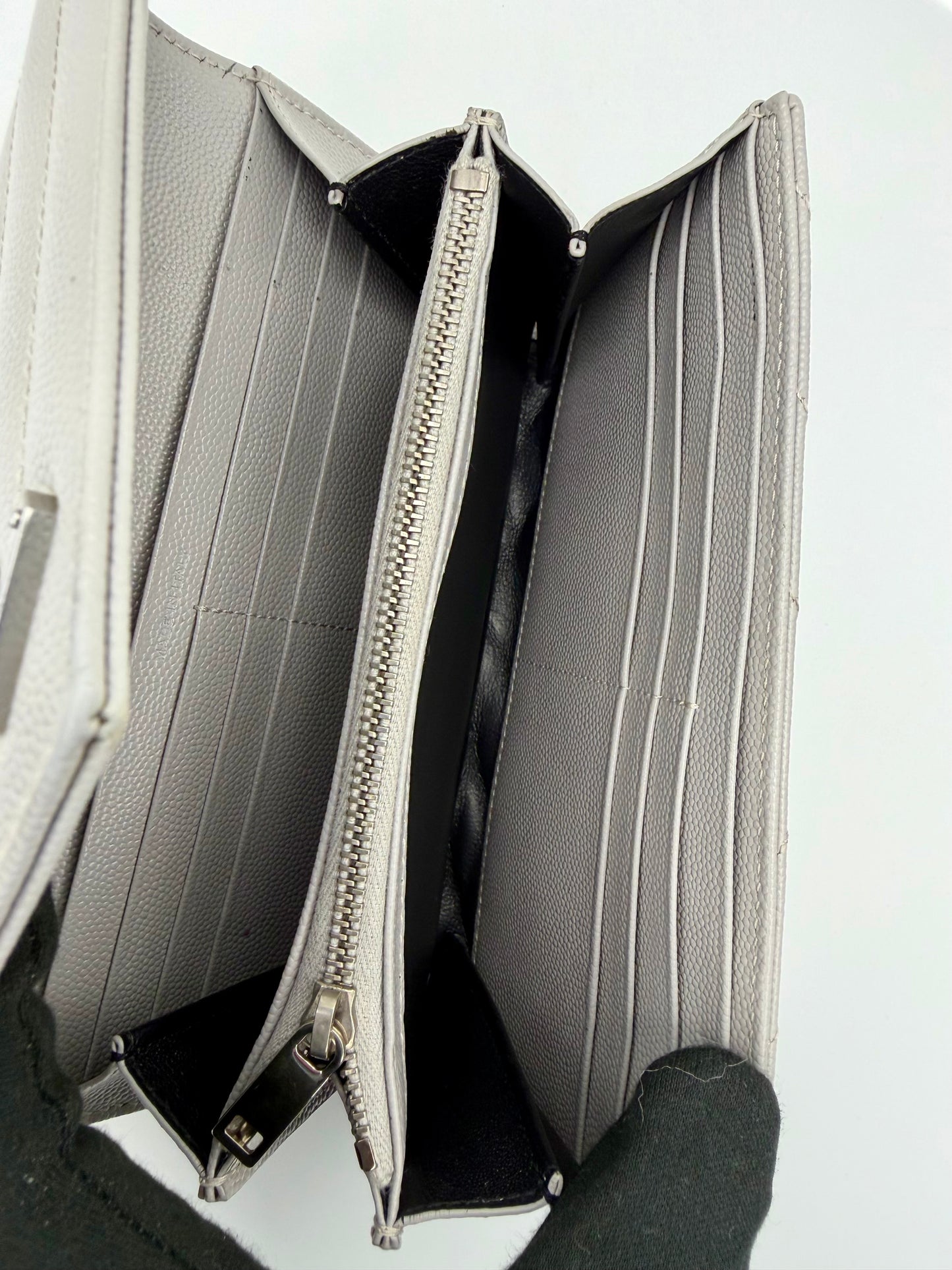 Yves Saint Laurent (YSL) Monogram Large Flap Wallet in Light Grey Quilted Leather - Authentic, Preloved