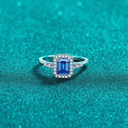 1 Carat Blue Emerald-Cut Sparkala™ Pure Sterling Silver Ring