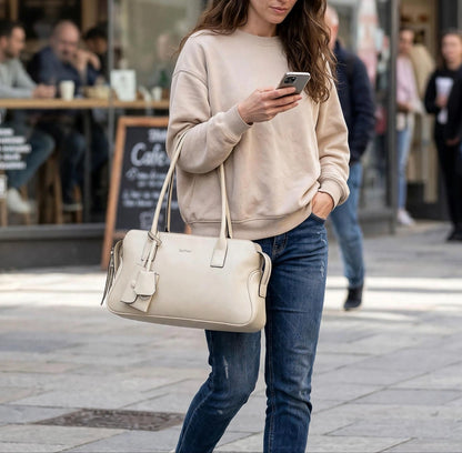 CAITINA Shoulder Bag Satchel Top Handle Hand Bag w/ Shoulder Strap – PU Vegan Leather – Ivory Cream - Brand New