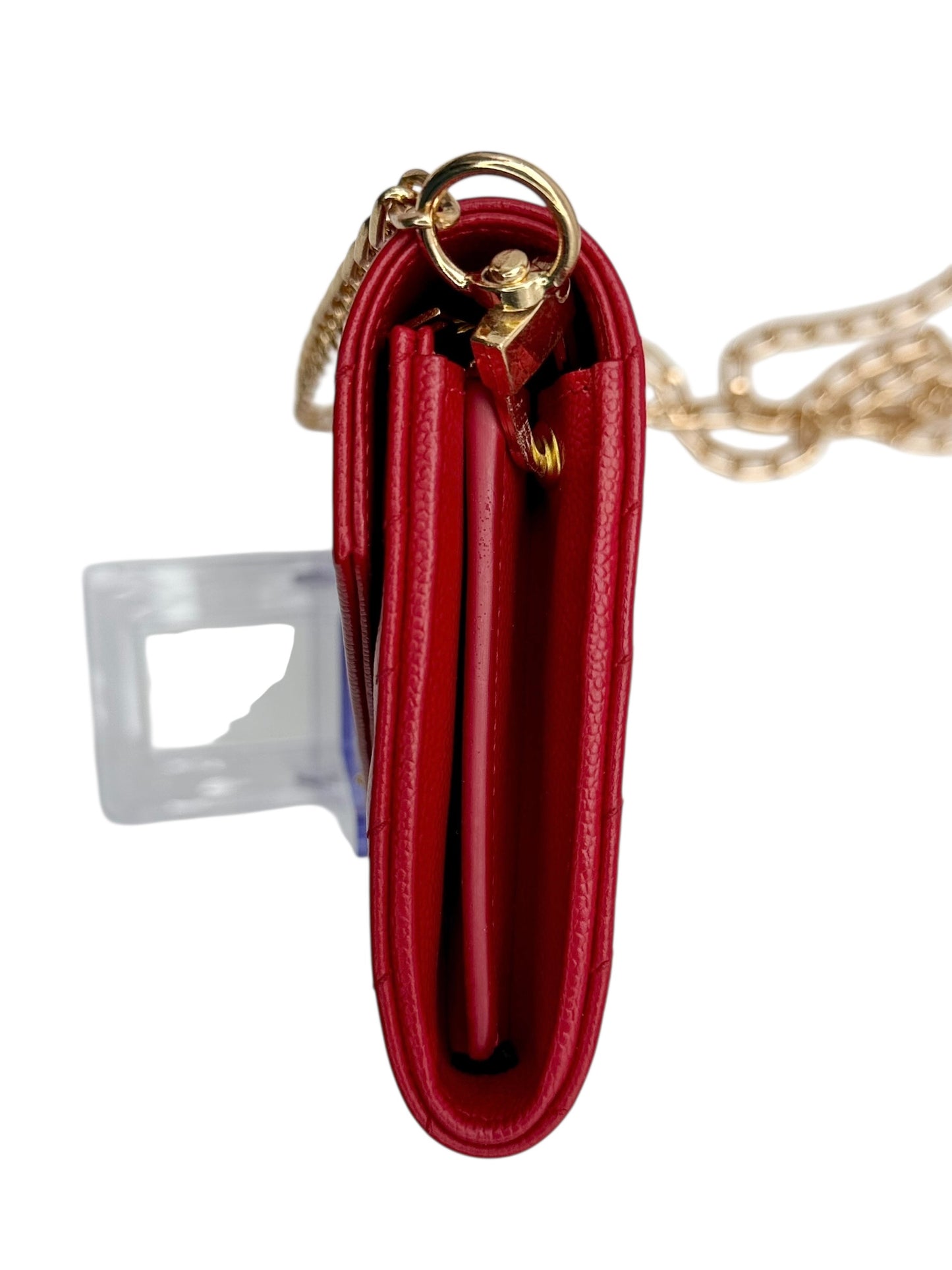 Yves Saint Laurent Monogram Envelope Chain Wallet Crossbody in Red Grain de Poudre Leather with Gold Hardware