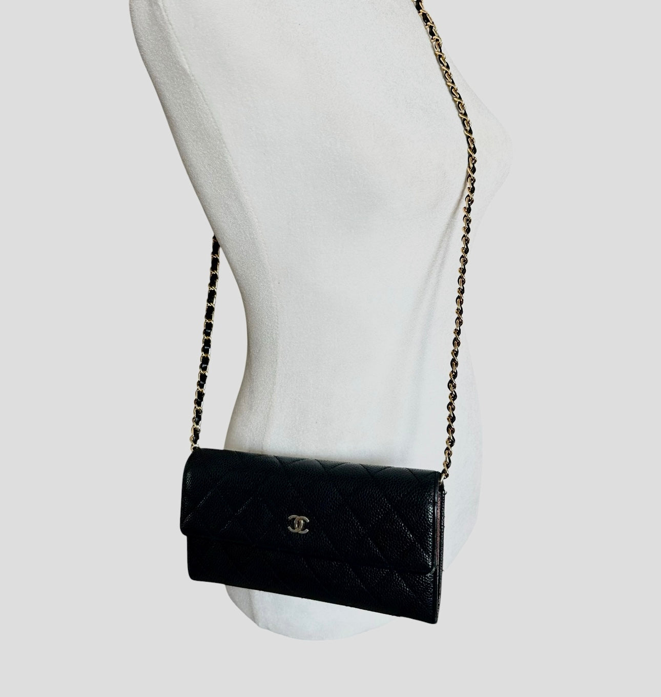 CHANEL Black Caviar Quilted Leather Classic Flap Long Wallet with Chain – Series 18