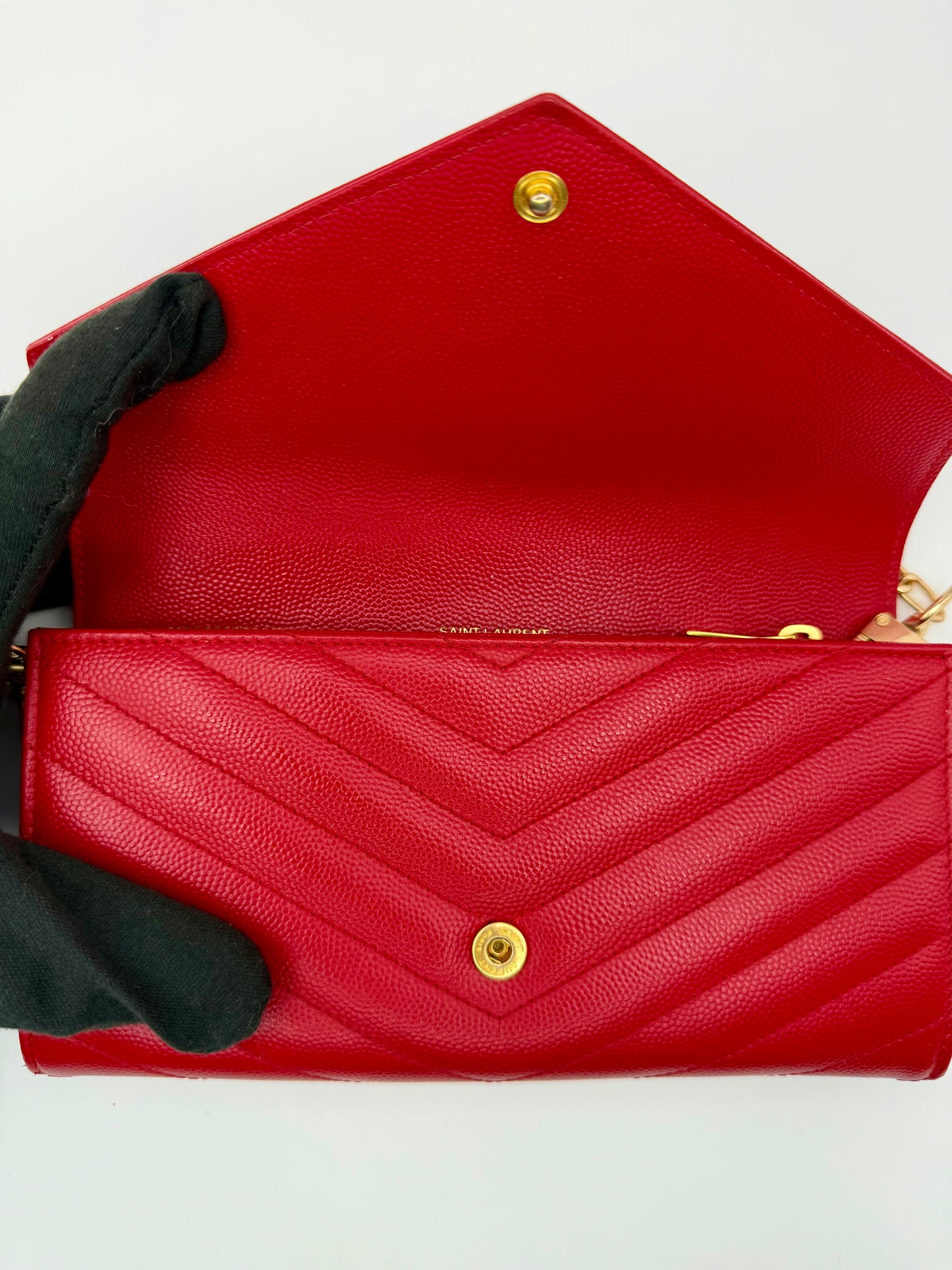 Yves Saint Laurent (YSL) Red Chevron Quilted Leather Envelope Chain Wallet (WOC) - Authentic, Pre Loved