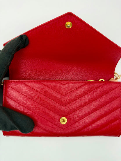 Yves Saint Laurent (YSL) Red Chevron Quilted Leather Envelope Chain Wallet (WOC) - Authentic, Pre Loved