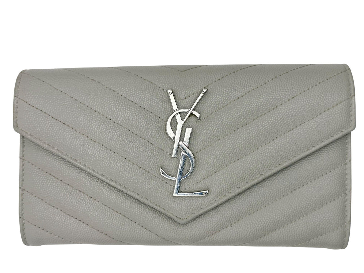 Yves Saint Laurent YSL Cassandre Matelassé Envelope Chain Wallet in Fog (Light Grey) Grain de Poudre Leather with Silver Hardware - AUTHENTIC