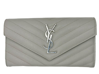Yves Saint Laurent YSL Cassandre Matelassé Envelope Chain Wallet in Fog (Light Grey) Grain de Poudre Leather with Silver Hardware - AUTHENTIC