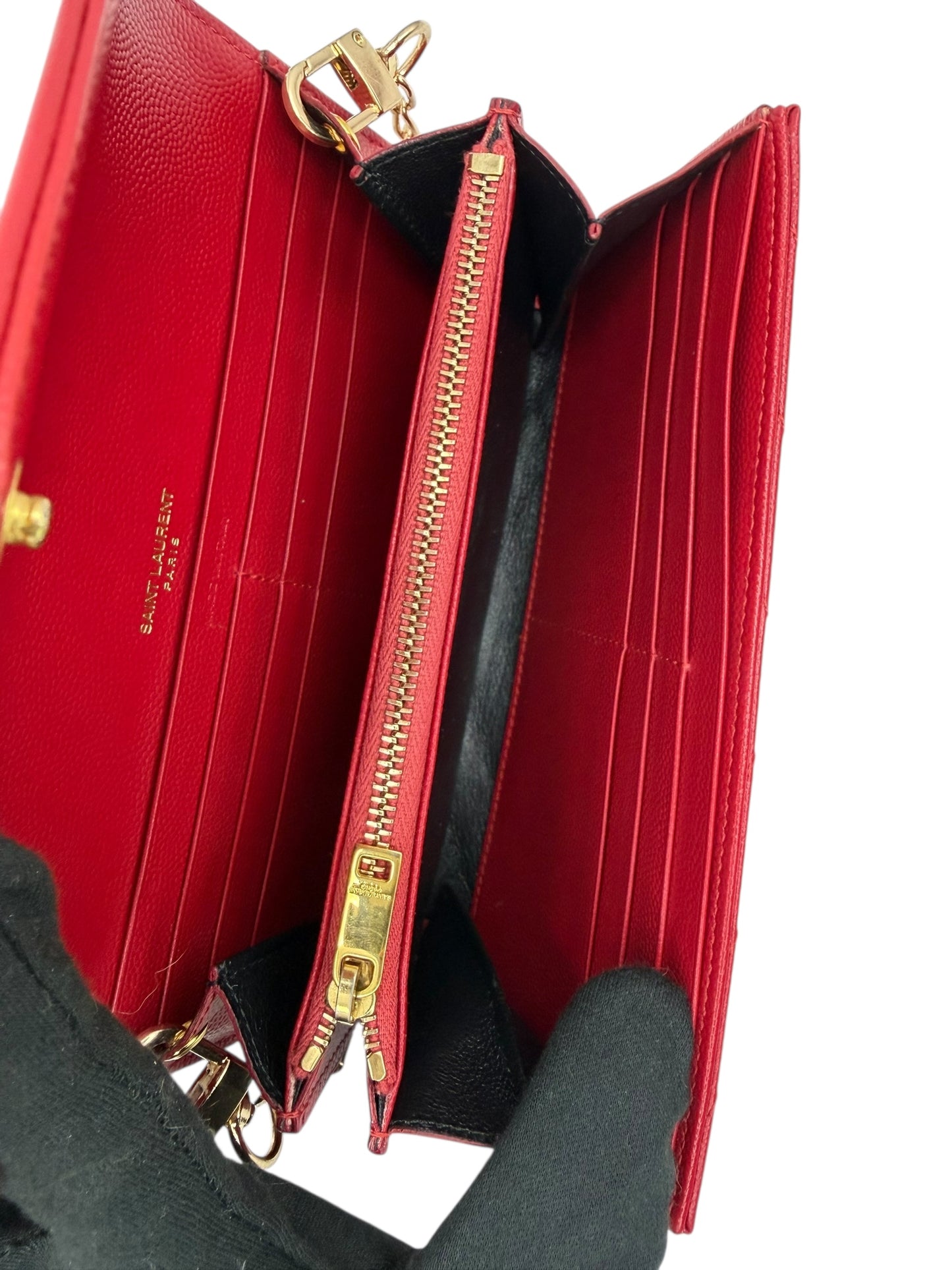 Yves Saint Laurent Monogram Envelope Chain Wallet Crossbody in Red Grain de Poudre Leather with Gold Hardware