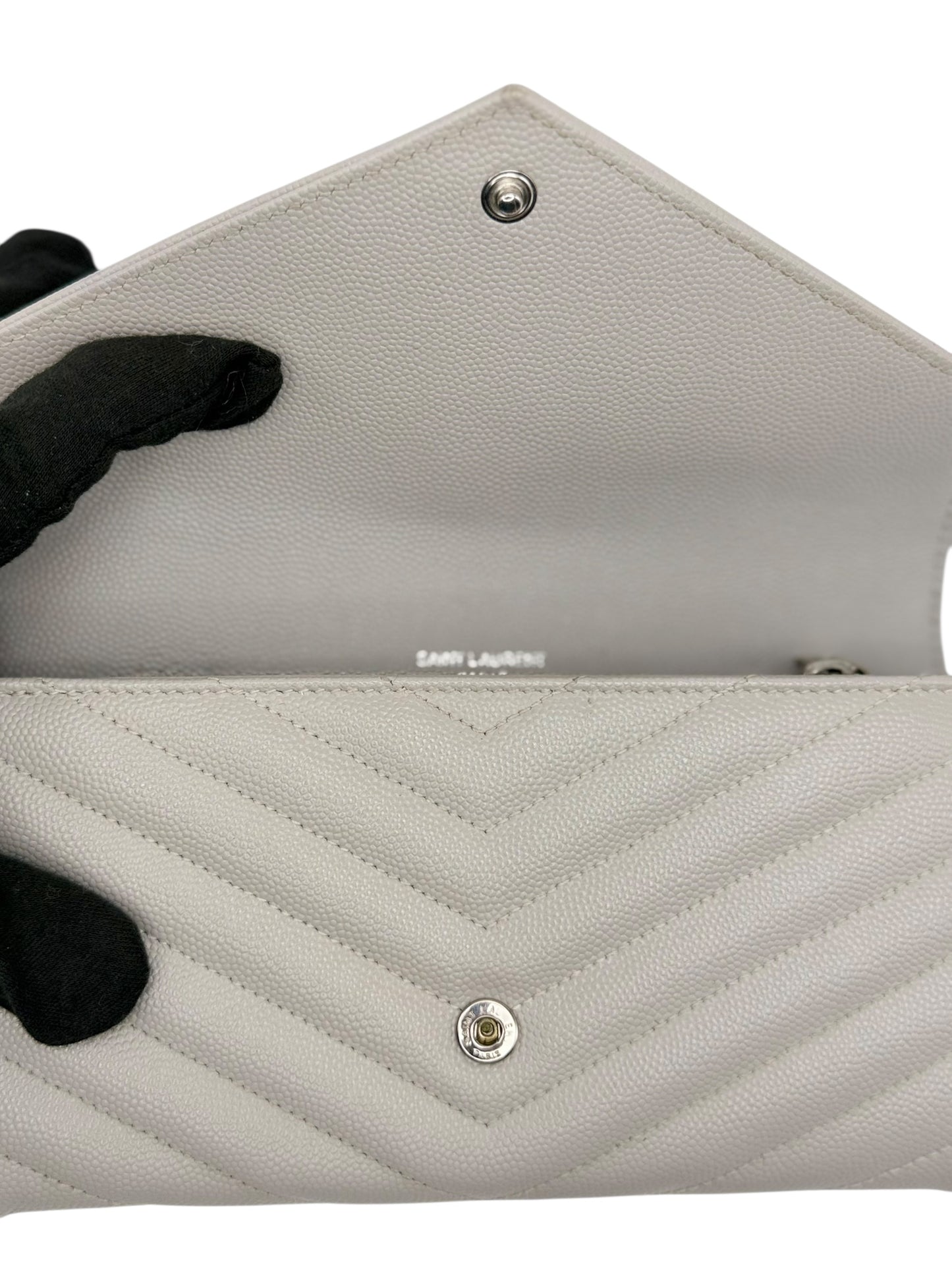 Yves Saint Laurent YSL Cassandre Matelassé Envelope Chain Wallet in Fog (Light Grey) Grain de Poudre Leather with Silver Hardware - AUTHENTIC