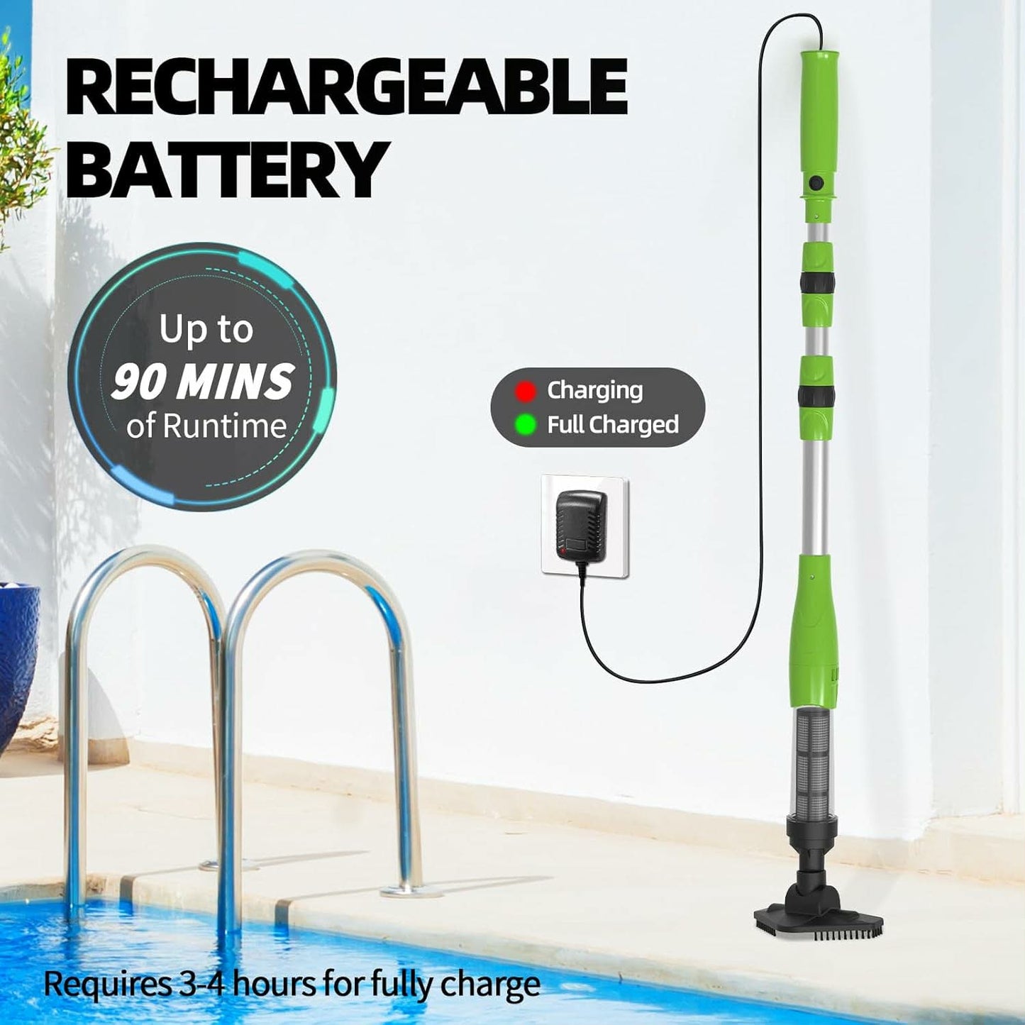 Rechargeable Cordless Pool Vacuum – Handheld Underwater Cleaner with 90-Min Runtime, Telescopic Pole