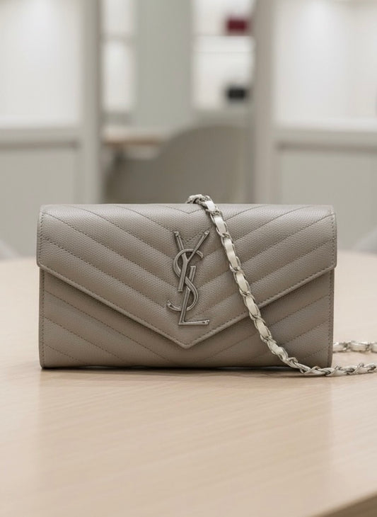 Yves Saint Laurent YSL Cassandre Matelassé Envelope Chain Wallet in Fog (Light Grey) Grain de Poudre Leather with Silver Hardware - AUTHENTIC