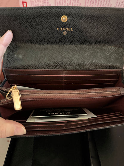 CHANEL Black Caviar Quilted Leather Classic Flap Long Wallet with Chain - Preloved
