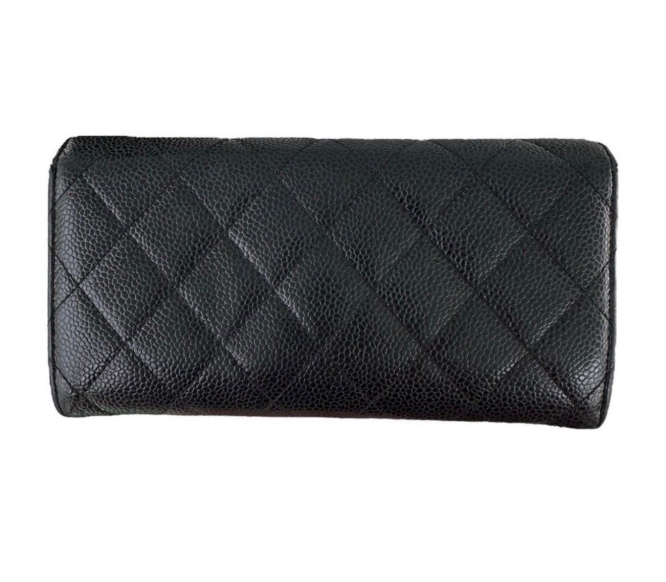 CHANEL Black Caviar Quilted Leather Classic Flap Long Wallet with Chain - Preloved