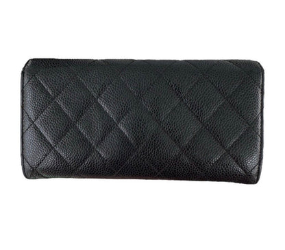 CHANEL Black Caviar Quilted Leather Classic Flap Long Wallet with Chain - Preloved