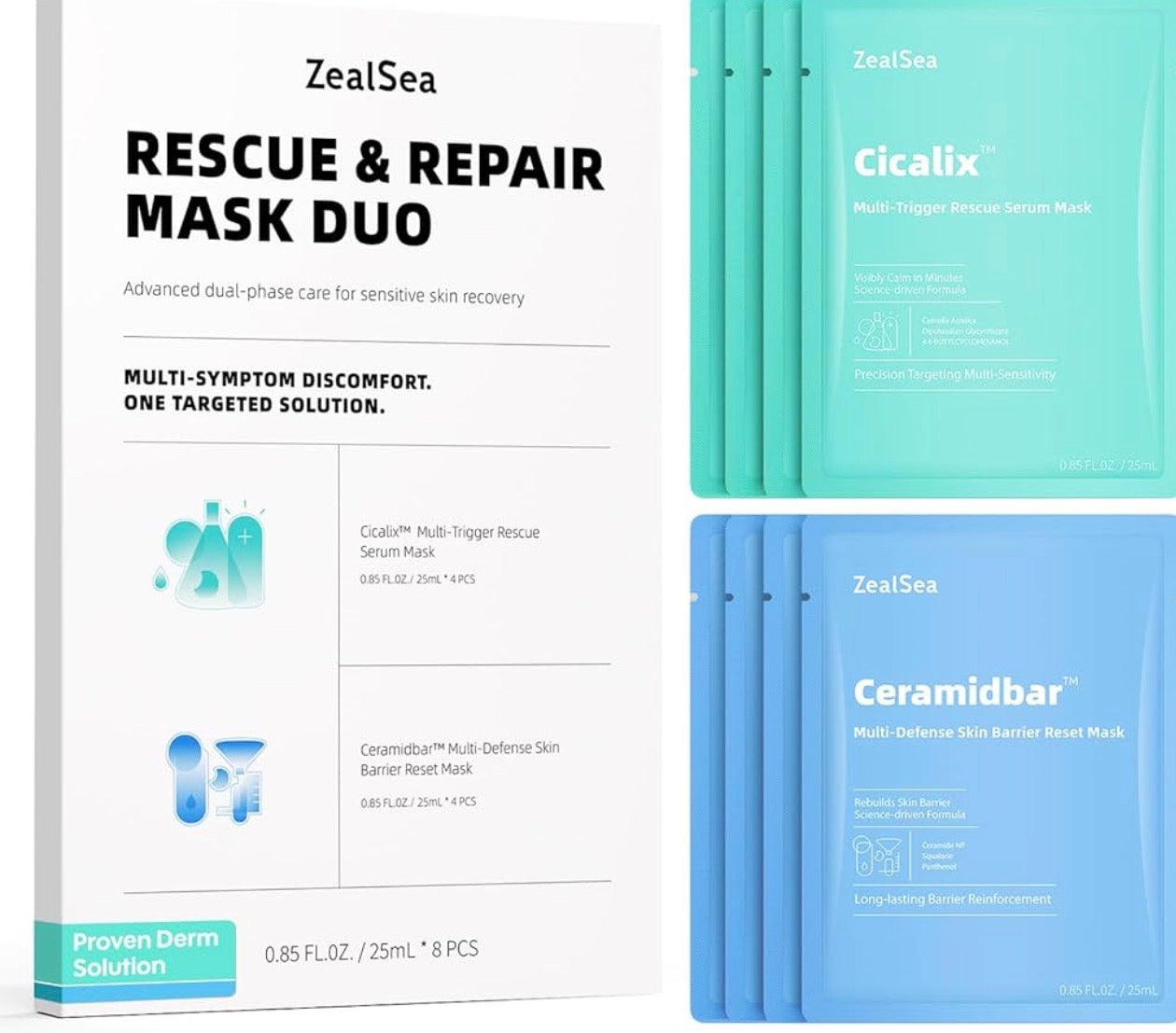 ZealSea Rescue & Repair Duo Facial Mask Set (8 Pack, 4+4) – Cicalix Soothing Rescue Serum Mask & Ceramidbar Skin Barrier Reset Mask – Hydrating, Plumping, Anti-Aging Clinic-Grade Derm Solution