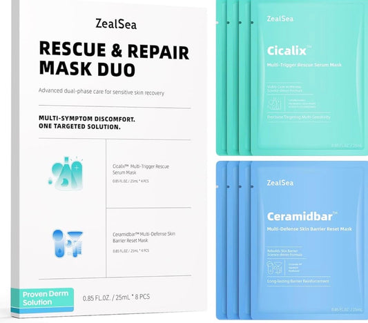 ZealSea Rescue & Repair Duo Facial Mask Set (8 Pack, 4+4) – Cicalix Soothing Rescue Serum Mask & Ceramidbar Skin Barrier Reset Mask – Hydrating, Plumping, Anti-Aging Clinic-Grade Derm Solution