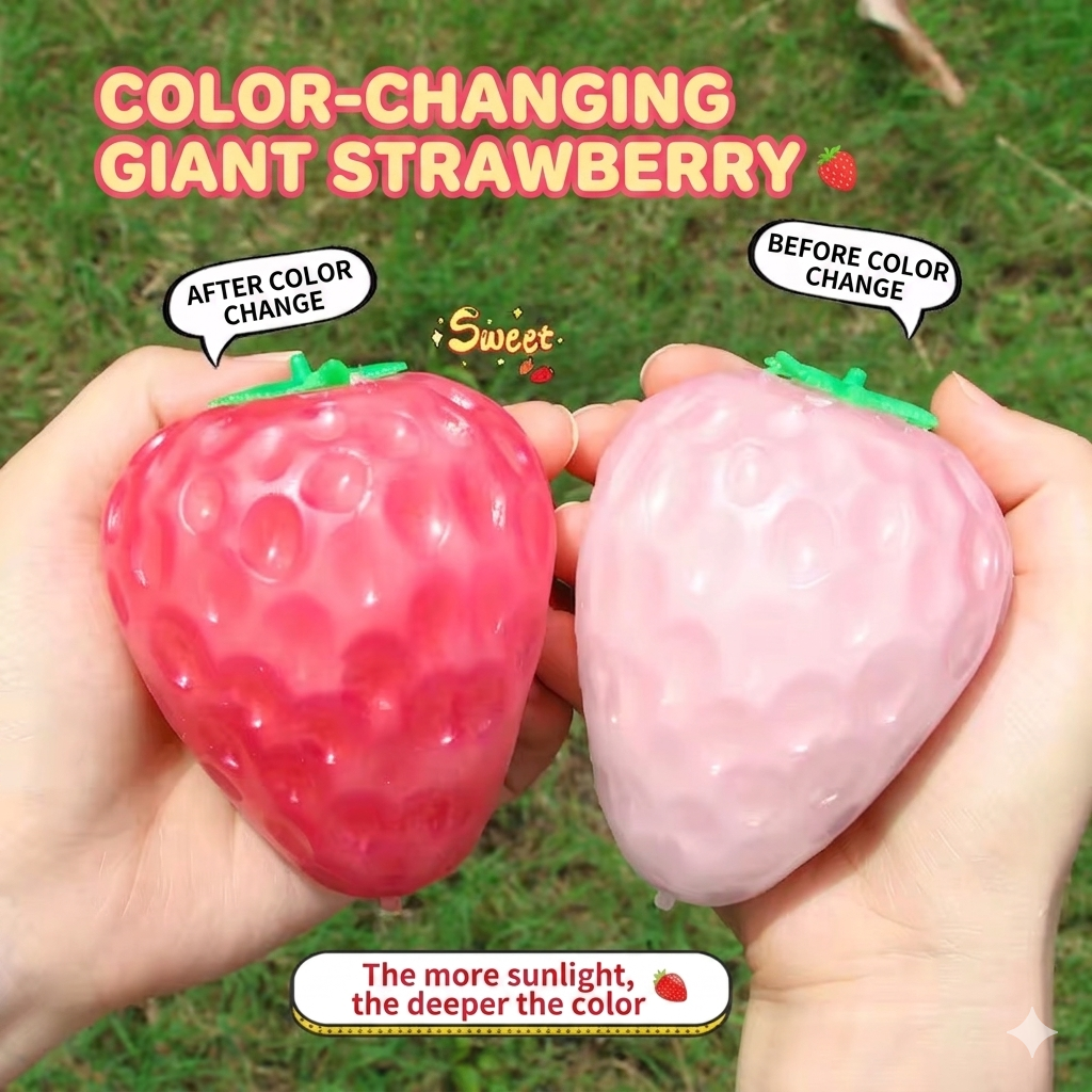 Magic Color-Changing Giant Strawberry Squishy Squeeze TPR Filled Toy – UV Sensitive Stress Reliever!