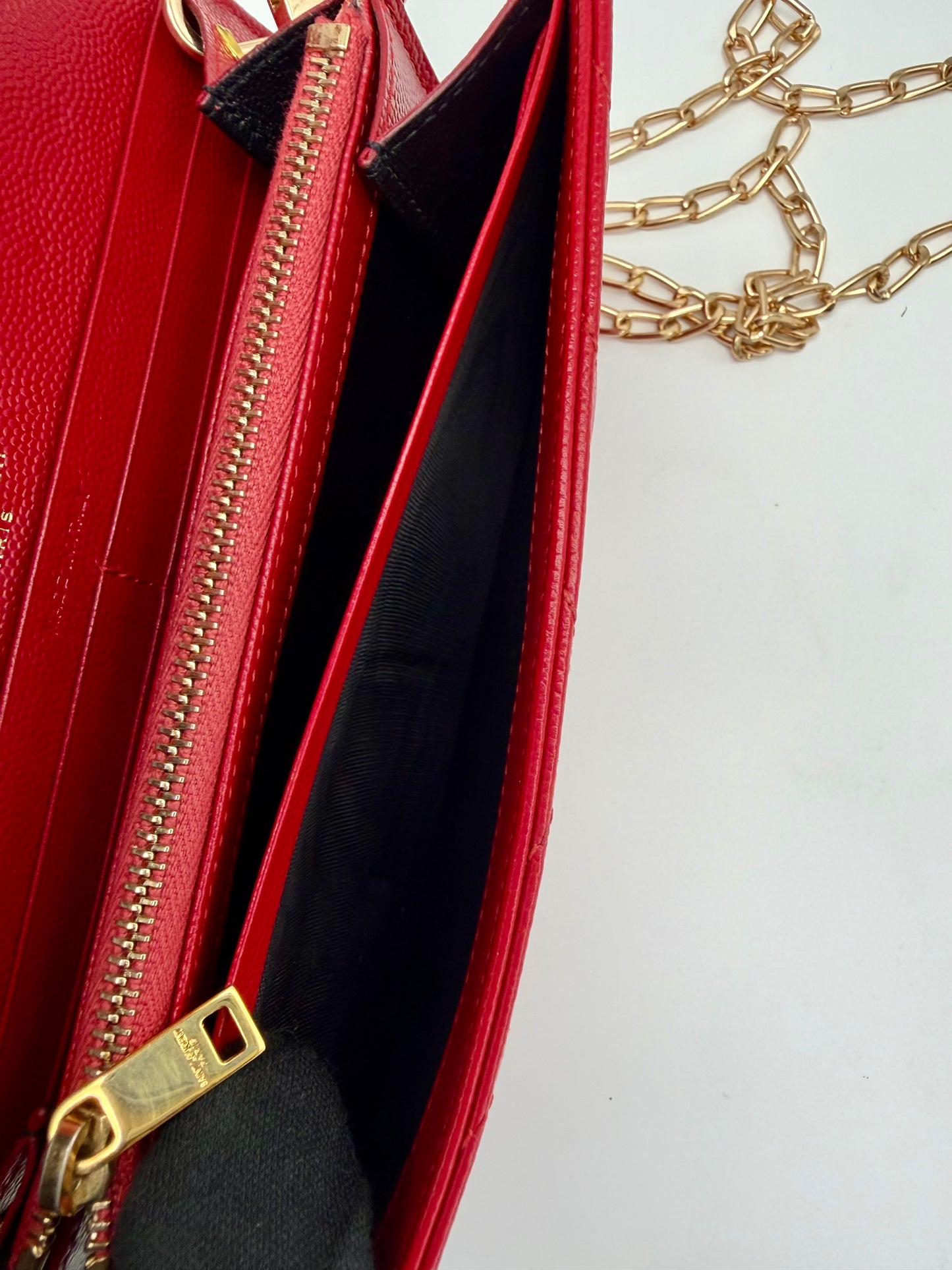 Yves Saint Laurent (YSL) Red Chevron Quilted Leather Envelope Chain Wallet (WOC) - Authentic, Pre Loved