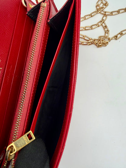 Yves Saint Laurent (YSL) Red Chevron Quilted Leather Envelope Chain Wallet (WOC) - Authentic, Pre Loved