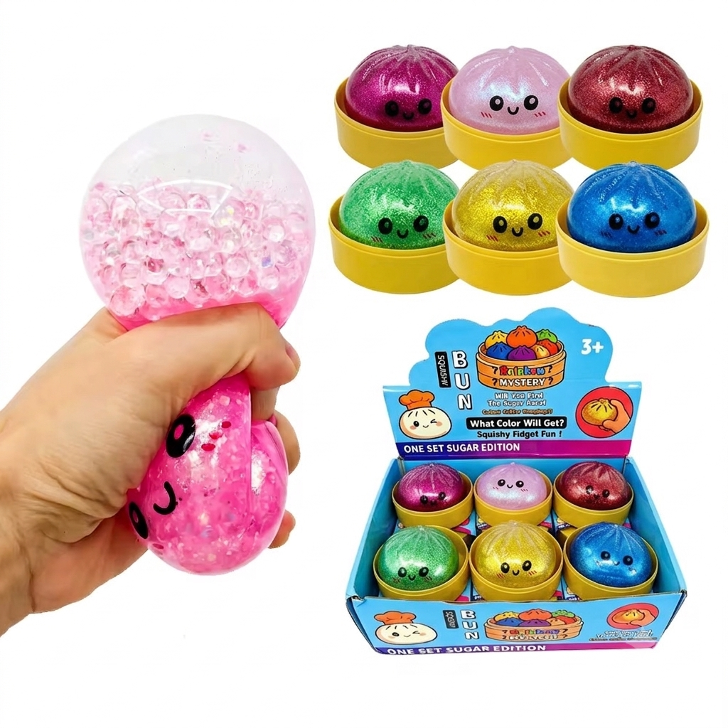 Glitter Dumpling Squishy Fidget Toy – 8.5cm Water Bead Boba Squeeze Bun in Steamer Basket, Mystery Color Stress Relief Toy