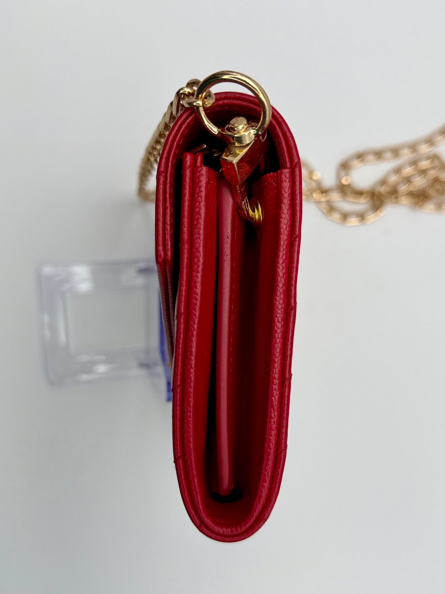 Yves Saint Laurent (YSL) Red Chevron Quilted Leather Envelope Chain Wallet (WOC) - Authentic, Pre Loved