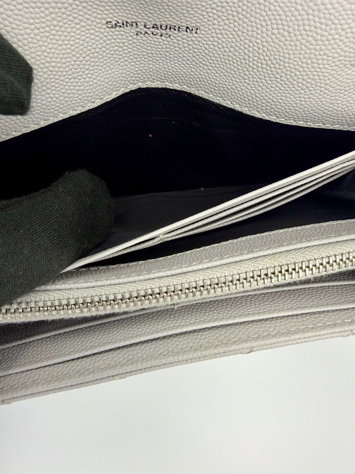 Yves Saint Laurent (YSL) Monogram Large Flap Wallet in Light Grey Quilted Leather - Authentic, Preloved