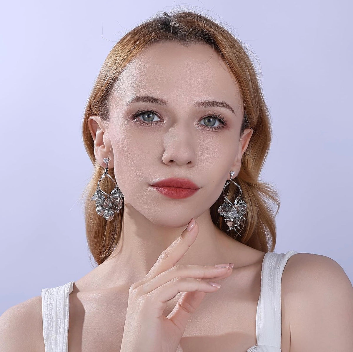 Silver Leaf Dangle Earrings for Women Nature-Inspired 925 Sterling Silver Twisted Chandelier Jewelry with Cubic Zirconia
