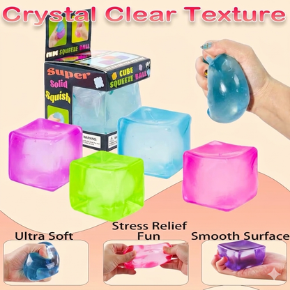 Crystal Clear Squish Cube – 5.5cm Transparent TPR Maltose Filled Stress Ball | Ultra-Soft Sugar Gel Fidget Toy for Anxiety Relief, Sensory Play & Hand Therapy
