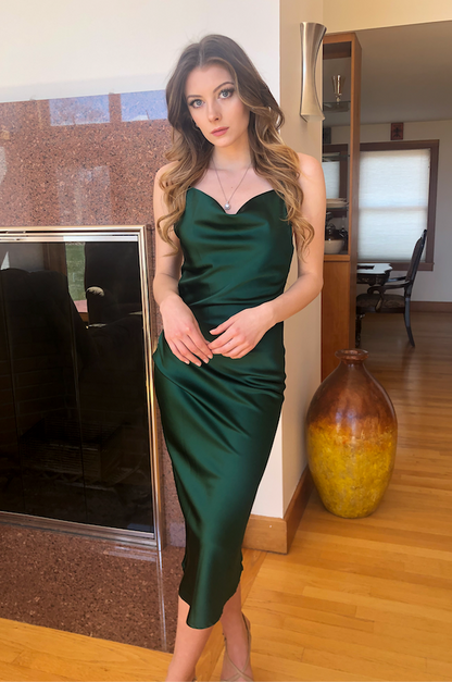 Aspen Midi Dress - Emerald Green Satin Slip Dress - FINAL SALE
