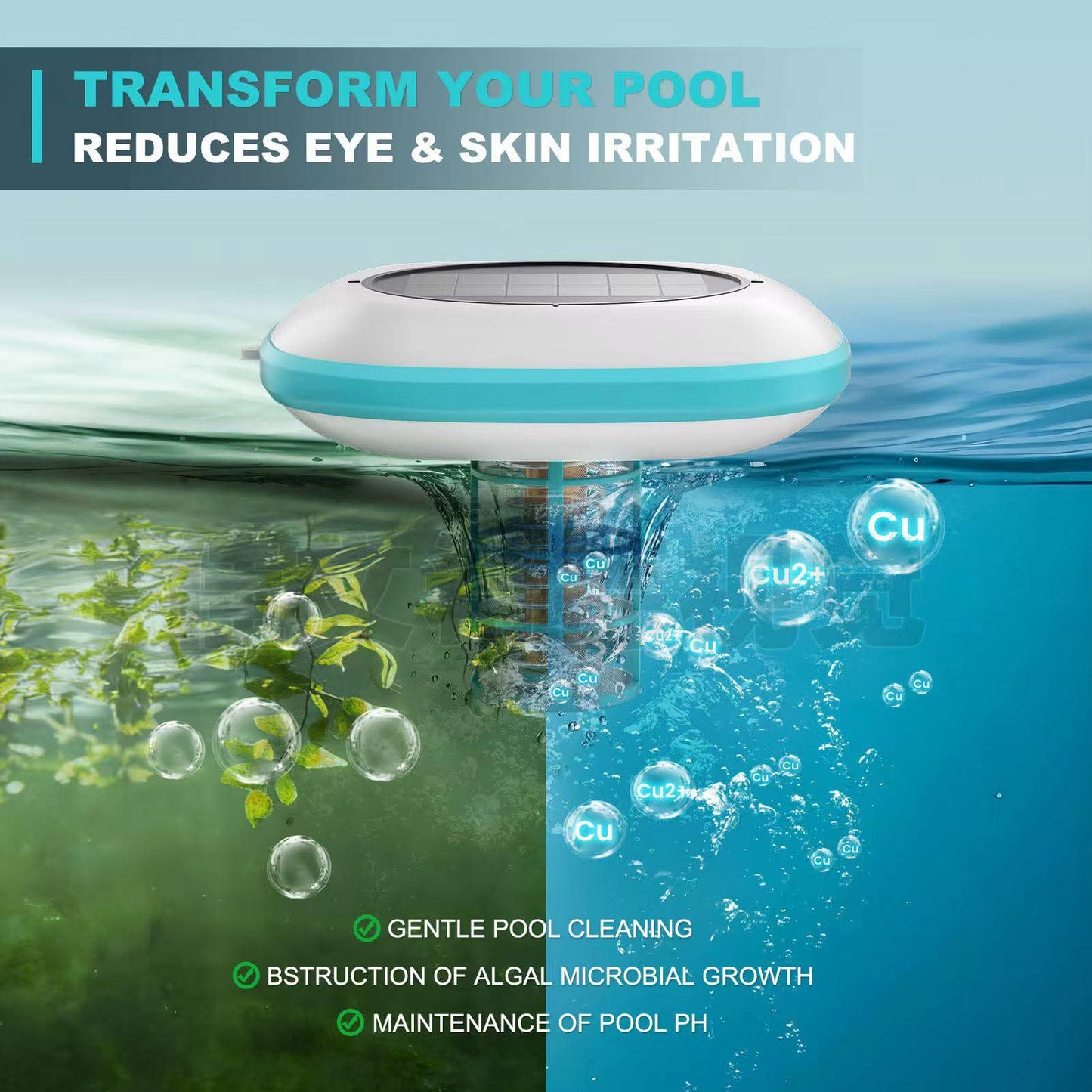 SOLAR POOL IONIZER, CHEMICAL-FREE FLOATING WATER PURIFIER, UP TO 45,000 GALLONS